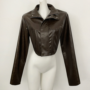OFTBUY <strong>Women</strong> Clothing Leather Solid <strong>Waist</strong> Cinching Leather Jacket <strong>Women</strong> PU <strong>Coats</strong> Full Sleeve Faux Leather Jacket Ladies Spring - Product Image 6