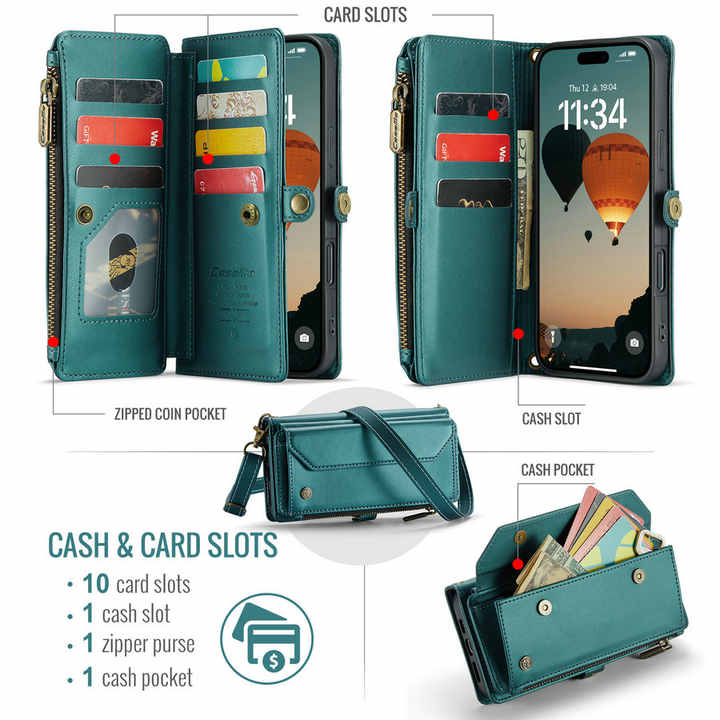 CaseMe per iPhone 12/iPhone 12 PRO Custodia, Retro Pelle Custodia Fatto a Mano Staccabile Flip Portafoglio Cerniera Custodia con Slot per schede e Magnetica Back Cover per iPhone 12/12 PRO (Marrone