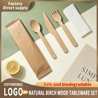 Ensemble de couverts jetables écologiques biodégradables en bois de bouleau naturel, couteau, fourchette, cuillère, serviette, emballés individuellement, pour la restauration