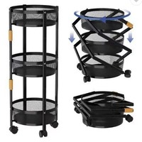 Chariot de rangement rotatif à 3 niveaux en métal à roulettes pour cuisine, fruits, légumes, collations, garde-manger, salon, maison - Vente en gros