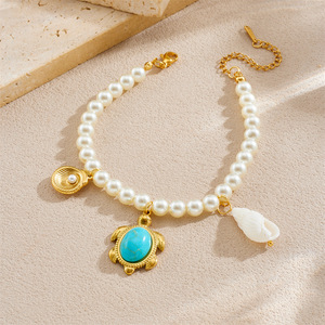 Pearl Necklace With Gold Plated Marine Life Charms Turtle Dolphin Shell Pendant Everyday Wear Jewelry - Product Image 2