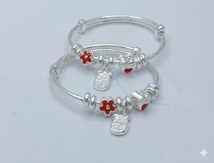 925 sterling silver baccha kadli red flower <b>charm</b> baby <b>bangles</b> adjustable kids bracelet cute silver jewelry gift for children - Product Image 1