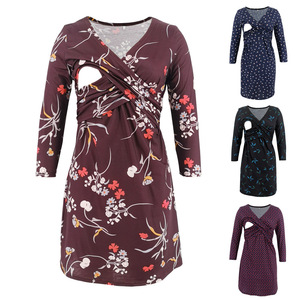 Vestido de <span class=keywords><strong>Lactancia</strong></span> Impresión Personalizada Pijama de Maternidad Camisón Embarazada Vestido Midi de <span class=keywords><strong>Manga</strong></span> <span class=keywords><strong>Larga</strong></span> Ropa de Maternidad - Product Image 1