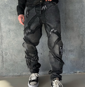 <span class=keywords><strong>Jeans</strong></span> baggy personnalisés pour hommes, style streetwear, noir, Y2k, délavé, brodé, déchiré, patché, vintage, denim ample - Product Image 3
