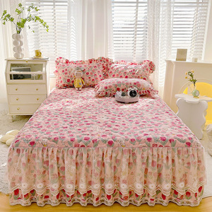 Jupe de <span class=keywords><strong>lit</strong></span> 100 % coton à imprimé floral, style princesse, avec dentelle, ensemble trois pièces pour filles, épaissi, <span class=keywords><strong>matelassé</strong></span>, antidérapant, style ajusté - Product Image 1