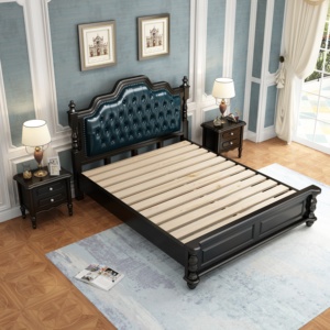 Luxury Dark Blue Tufted Modern Soft <b>Bed</b> Full Size Leather Upholstery Oak Wood <b>Frame</b> for Bedroom Furniture - Product Image 5