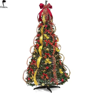 6 Ft Pre Lit Pre Decorated Christmas Tree Pop Up Christmas Tree with Decorations and 200-LEDウォームライト、レッドゴールド