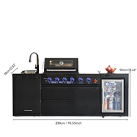 Barbecue à gaz en acier inoxydable de qualité supérieure à 4 brûleurs, cuisine extérieure de jardin avec réfrigérateur noir, armoire et évier