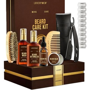 LOVERYMEN <b>Beard</b> <b>Care</b> Kit 9-Piece Set With Oil Balm Wash Detangler Brush Comb Trimmer Sandalwood Scent For Men Grooming - Product Image 5