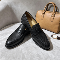 Mocassins décontractés en cuir véritable à enfiler, motif quadrillé en relief, antidérapants, légers, toutes saisons, noirs