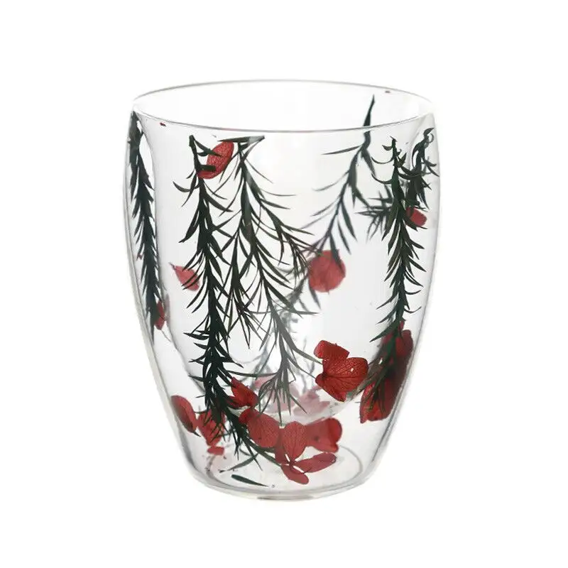 Borosilicate Double Wall Glass Cup With Real Flower Decoration Coffee Mugs