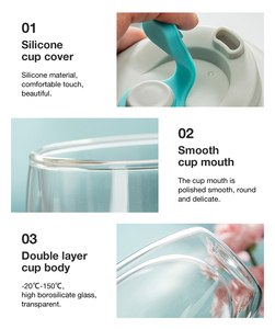 Logo personnalisé Tasse en verre à double paroi à haute teneur en borosilicate résistant à la chaleur et à isolation épaissie transparente avec couvercle en silicone - Product Image 6