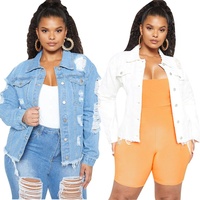 LW 3xl por atacado de moda inverno e outono manga longa rasgado afligido washed branco cardigan jaquetas jeans para as mulheres 2021