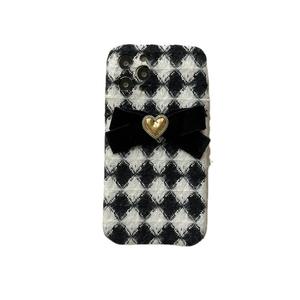 Coque de téléphone en peluche Argyle vintage avec nœud en <span class=keywords><strong>velours</strong></span> et cœur doré, housse élégante et chic pour iPhone 16/15/14/13 Pro Max - Product Image 6