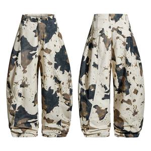 Pantalon cargo unisexe en toile, coupe décontractée, jambe large, ourlet arrondi, imprimé camouflage motif vache, style décontracté, streetwear, workwear - Product Image 5