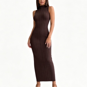 Vestido Midi Bodycon de Malha Canelada com Gola Alta Sem Mangas para Mulheres, Elegante, Cor Sólida, Modelo Tubinho, Fornecedor de Vestidos Femininos Sehe Fashion - Product Image 6