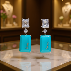 Boucles d'oreilles pendantes Hoony en pierre bleue, taille princesse, géométriques, en cristal et strass, bijoux de mode pour femme, en alliage de zinc - Product Image 2