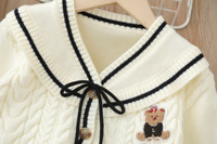 Ensemble de vêtements pour petites filles, pull en tricot Preppy d'automne, col marin, cardigan avec patch ours et jupe plissée à carreaux, tenue deux pièces pour tout-petits