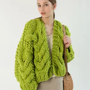 OEM Custom womens knit cardigan green merino wool super chunky cardigan wool cable knit cardigan