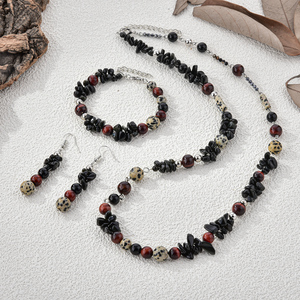 Ensemble de bijoux tendance pour femmes, collier/boucles d'oreilles/bracelet en obsidienne noire, agate rouge, onyx noir naturel, œil de tigre - Product Image 1
