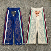 Pantalon de survêtement à motif flamme en strass, coupe large, rayé, style streetwear, ample, rétro, vintage, pour hommes