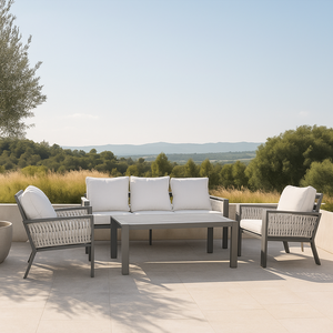 Ensemble de canapés d'extérieur de luxe 4 pièces, tissu 100% oléfine, coussin épais de 10 cm, structure en aluminium, corde tressée, <span class=keywords><strong>salon</strong></span> moderne pour parc et <span class=keywords><strong>jardin</strong></span> - Product Image 4