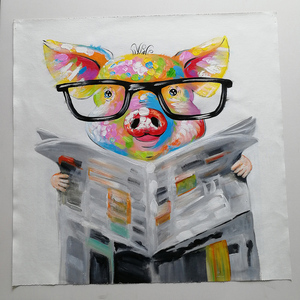 Mintura fait à la main toile peintures à l'huile personnalisé en gros maison décorative Pop Art décoration murale journal lecture <span class=keywords><strong>cochon</strong></span> dessin animé - Product Image 5