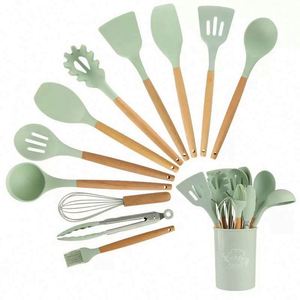 Nordic Style Silicone Kitchenware Home Utensils 12PCS -Set <b>Gadgets</b> <b>Kitchen</b> Utensils Set With Wooden Handle - Product Image 1