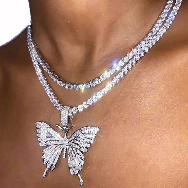 Qushine Multi-Stijlen Hip Hop Diamond Ketting Tennis Ketting Grote Strass Vlinders Hanger Iced Out Goud Zilver Sieraden