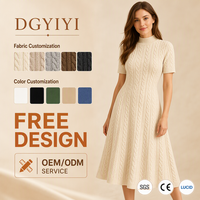 Robe Midi en Gros pour Femme, Col Montant en Maille Torsadée, Manches Courtes, Douce et Extensible, Coupe Trapèze Texturée, Décontractée, Logo Personnalisé, OEM