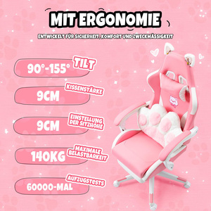 Chaise de jeu ergonomique rose et blanche avec oreilles de chat, pivotante et réglable, avec repose-pieds et coussin lombaire - Product Image 5