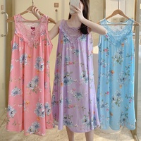 Chemise de Nuit d'Été pour Femme, Vêtement de Nuit en Coton Doux, Robe Florale sans Manches à Col en Dentelle, Pyjama Décontracté, Longues Jupes d'Intérieur