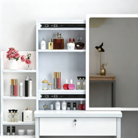 Meuble de rangement de chambre à coucher de style minimaliste moderne, coiffeuse miroir avec design à cloisons et miroir LED pour chambre à coucher