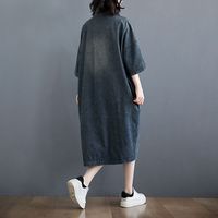 Casual trois quarts manches courtes boutons Patchwork robes Midi col rabattu coton Denim robe femmes 2023 vente en gros