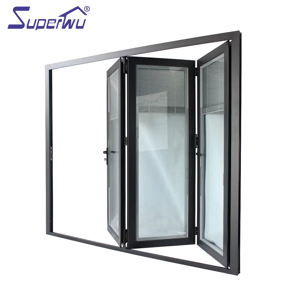 Formato personalizzato telaio in alluminio bi-pieghevole porta con tre pannelli con built-in di cieco a scomparsa zanzariera disponibile