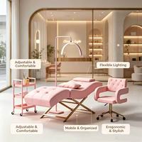 Table de soin esthétique moderne de luxe en cuir réglable avec éclairage LED demi-lune incurvé, chariot de rangement et tabouret roulant pliable