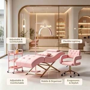 Luxury Modern Esthetician Lash Bed Station Curved + Half Moon LED Light + Storage Cart + Rolling <b>Stool</b> Foldable Pink Hotel - Product Image 2