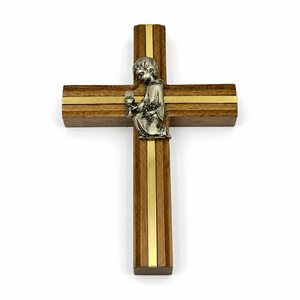 Croix murale en bois pour baptême de garçon avec ornement gobelet, raisin et blé en relief – Cadeau souvenir religieux pour la première communion - Product Image 1