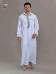 Al Harameen <b>Men's</b> White <b>Thobe</b> Long Sleeve Embroidered Islamic Robe Floor Length Cotton Prayer Wear Modest Style - Product Image 2