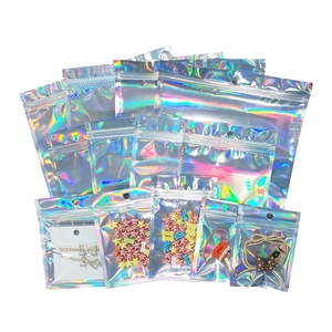 100 Uds. Bolsas impresas personalizadas con logotipo de regalo holográfico papel de aluminio con cierre de cremallera embalaje de plástico transparente bolsa de Mylar para <span class=keywords><strong>ropa</strong></span> cosmética - Product Image 1