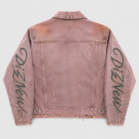 Veste en jean rose DiZNEW personnalisée pour homme, style streetwear, effet délavé, avec broderie logo gothique clouté et déchiré