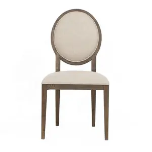 Vintage French Louis XV Round Oval Back Solid Wood Beige Linen Fabric Upholstered Wooden Dining Chair for Events P2194