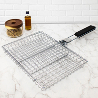 Cesta de Grelhar Antiaderente Dobrável para Churrasco, Cesta para Grelhar Peixe, Legumes, Bife e Carne com Cabo Longo e Escova