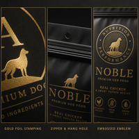 Pochette alimentaire pour animaux de compagnie, noire mate, imprimée sur mesure, avec estampage à chaud doré et fermeture éclair refermable, pour l'emballage de friandises pour chiens et chats