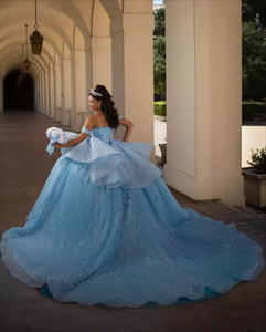 S1566N Nuovo Abito <span class=keywords><strong>da</strong></span> Sposa Moderno Minimalista per 15° Compleanno, Lunghezza a Terra, Spalle Scoperte, Blu Elegante, Stile Principessa in Pizzo - Product Image 2