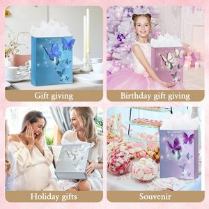 Sac cadeau <span class=keywords><strong>moyen</strong></span> pour filles et femmes, sacs en papier de luxe avec poignées, papier de soie, papillons colorés, sac d'anniversaire, sac de fête de mariage - Product Image 5