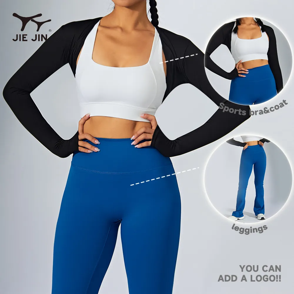 JIEJIN Sexy Active Wear Dreiteilige Workout Sport Yoga Fitness Scrunch Leggings und BH-Set mit Jacke und Schlag hose