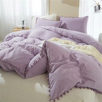 Parure de lit 3 pièces en polyester tissé 100 % écologique, douce, respirante et lavée, avec pompons et franges, style luxe léger, très vendue