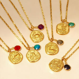 Vintage Rétro Horoscope Rond Coin Collier 18k PVD Plaqué Or En Acier Inoxydable Lien Chaîne 12 Signe Du Zodiaque Hommes Femmes Bijoux - Product Image 3
