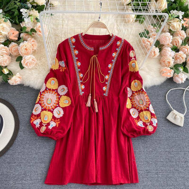 S-XL богемное хлопковое льняное платье в этническом стиле с вышивкой, винтажное платье с рукавами-пузырьками, свободное короткое платье